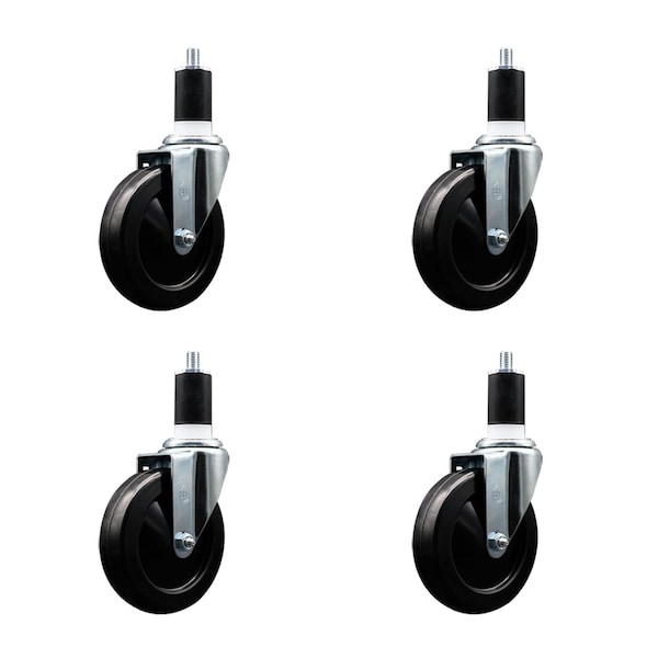 5'' SS Soft Rubber Wheel Swivel 1-1/2'' Expanding Stem Caster Set, 4PK